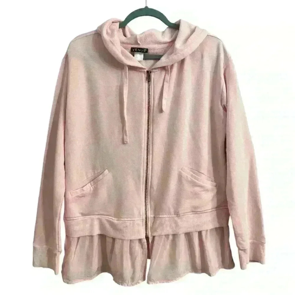 Venus pale pink, zip front ladies hooded sweater